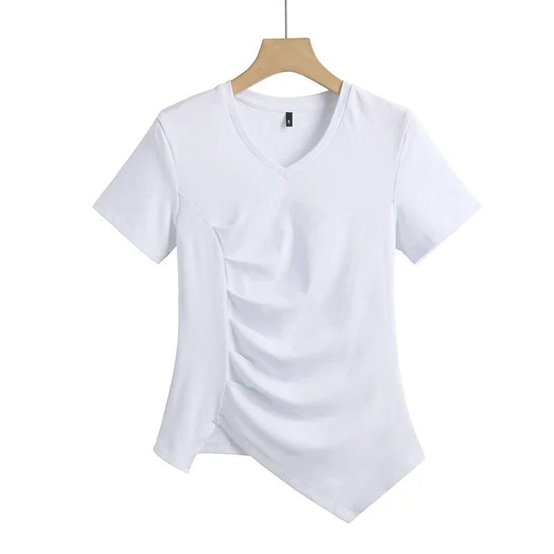Chic V-Neck Pleated Cotton Tee - Irregular Hem