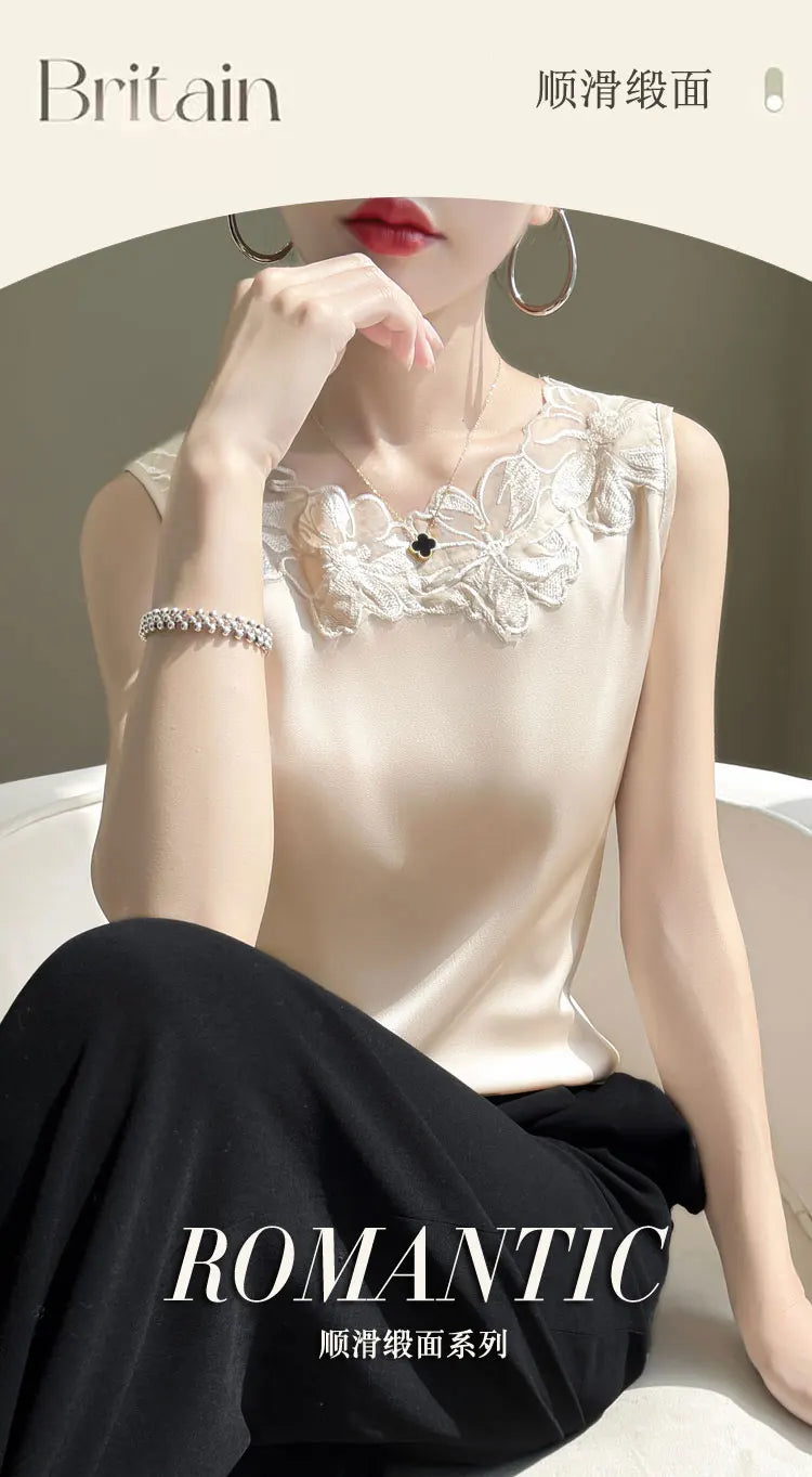 Elegant Silk Lace Camisole - Sleeveless Satin Top for Women