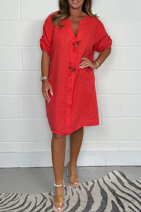 2024 Cotton Linen Tunic Dress - Women's Button-Up Loose Fit Long Shirt