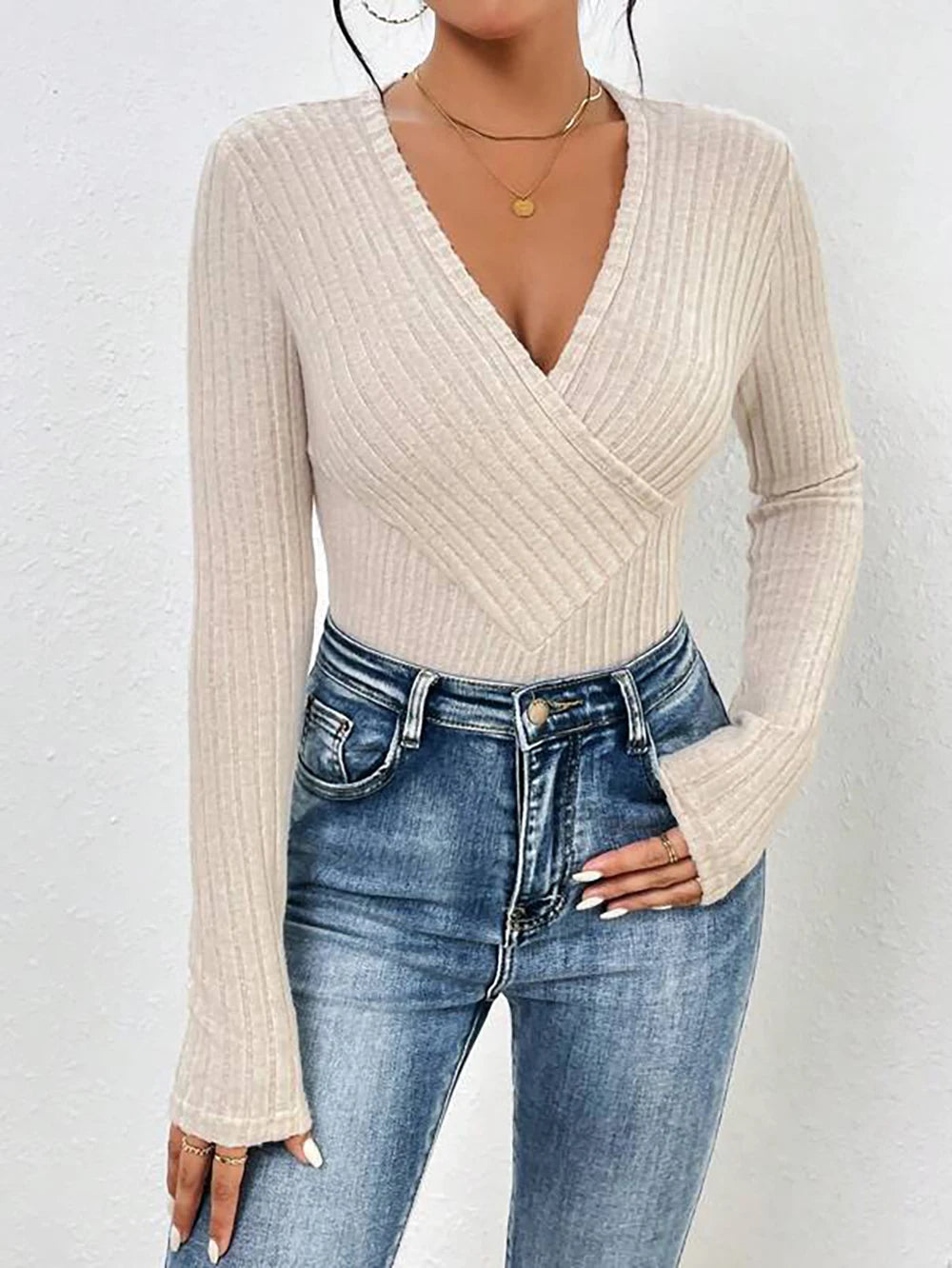 Ribbed V-Neck Bodysuit - Long Sleeve Skinny Fit Autumn/Winter 2023
