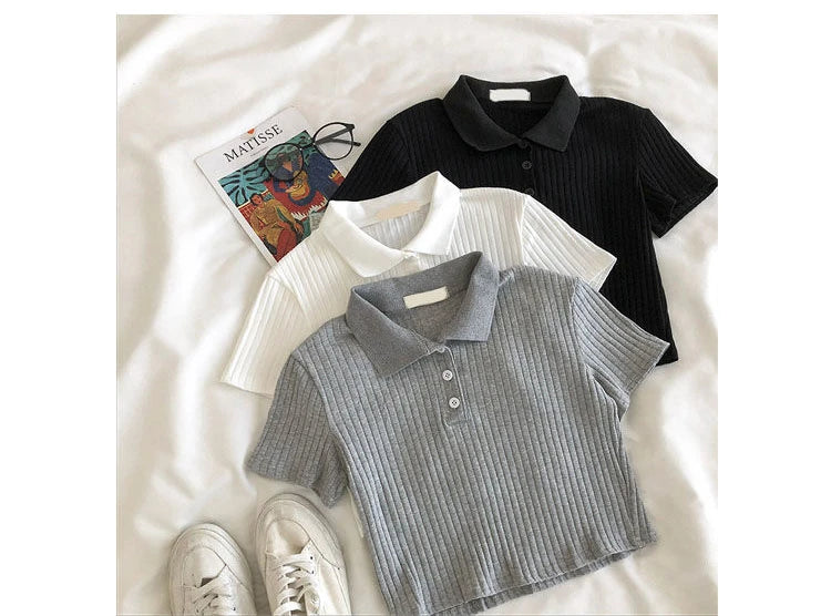 Youthful Knit Polo Crop Top - Short Sleeve