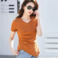 Chic V-Neck Pleated Cotton Tee - Irregular Hem