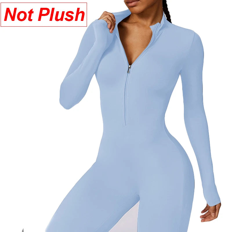 Warm Plush One-Piece Sports Jumpsuit – Women's Winter Fitness Tracksuit