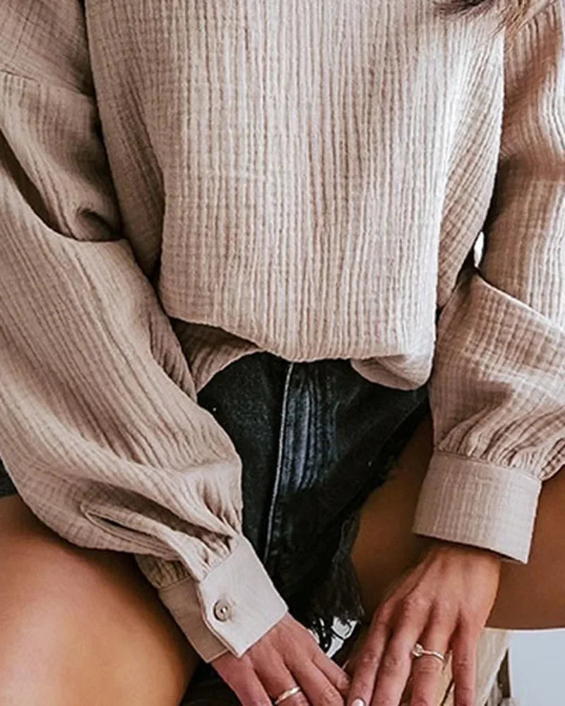 Lantern Sleeve Polo Pullover - Solid Color, Casual Autumn/Winter Top