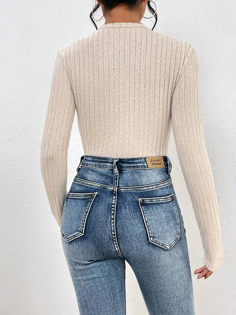 Ribbed V-Neck Bodysuit - Long Sleeve Skinny Fit Autumn/Winter 2023