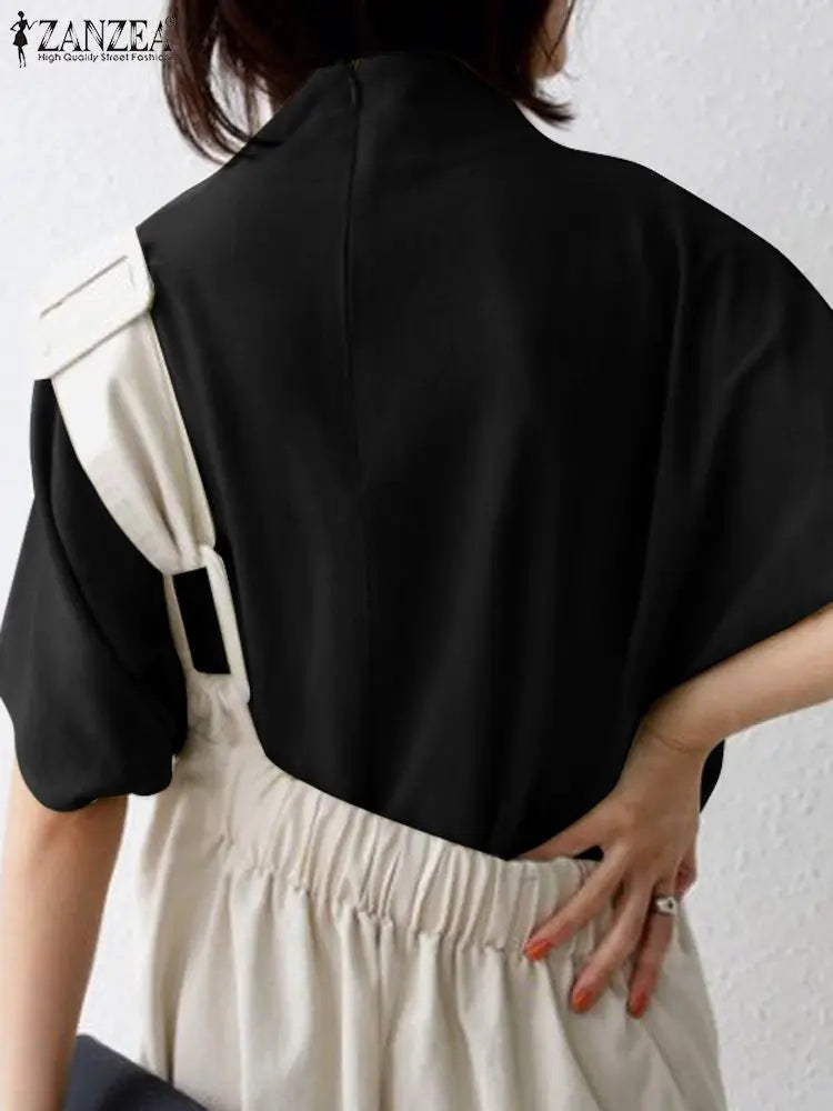 ZANZEA Cotton Turtleneck Blouse - Short Sleeve, Oversized Fit
