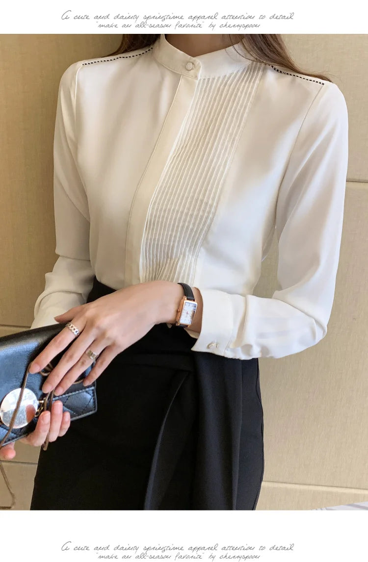 023 Chiffon Bow V-Neck Blouse - Long Sleeve Office Top