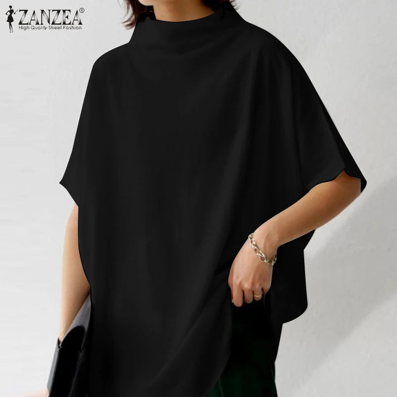 ZANZEA Cotton Turtleneck Blouse - Short Sleeve, Oversized Fit