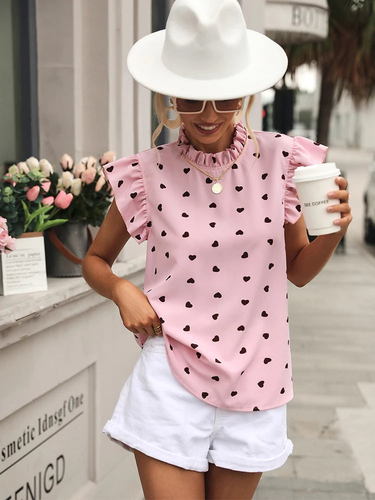 Chic Pink Chiffon Ruffle Blouse - Short Sleeve, Summer 2024