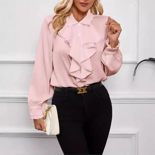 White Ruffled Lapel Blouse - Long Sleeve, Office Chic