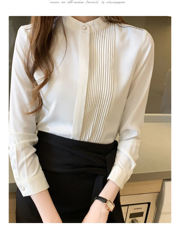 023 Chiffon Bow V-Neck Blouse - Long Sleeve Office Top