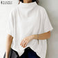 ZANZEA Cotton Turtleneck Blouse - Short Sleeve, Oversized Fit