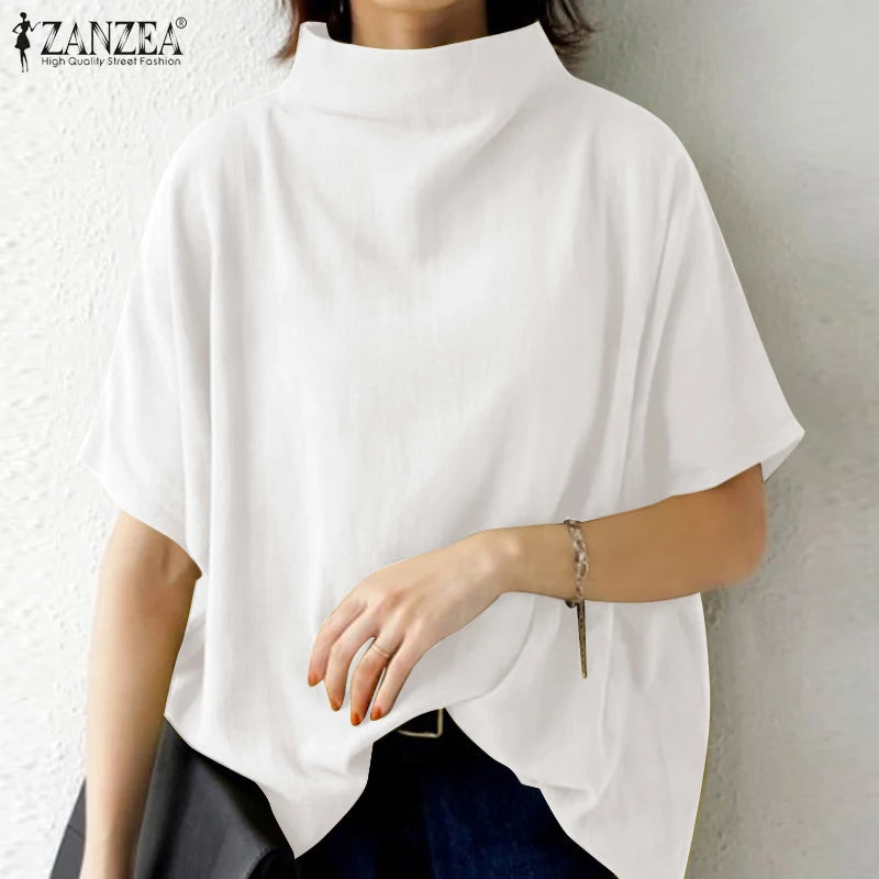 ZANZEA Cotton Turtleneck Blouse - Short Sleeve, Oversized Fit