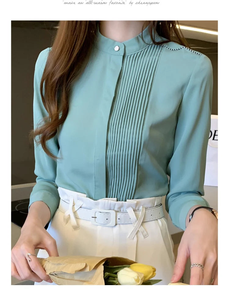 023 Chiffon Bow V-Neck Blouse - Long Sleeve Office Top