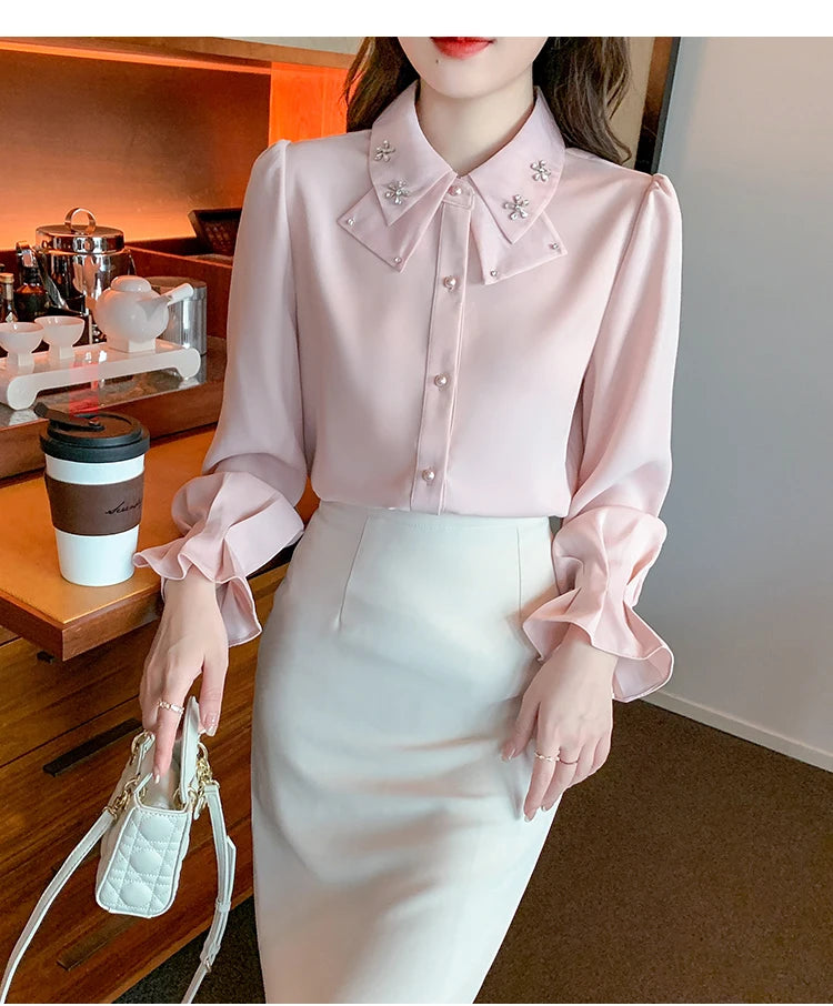 Elegant Chiffon Long Sleeve Blouse - White, Korean Office Style 2025
