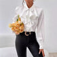 White Ruffled Lapel Blouse - Long Sleeve, Office Chic