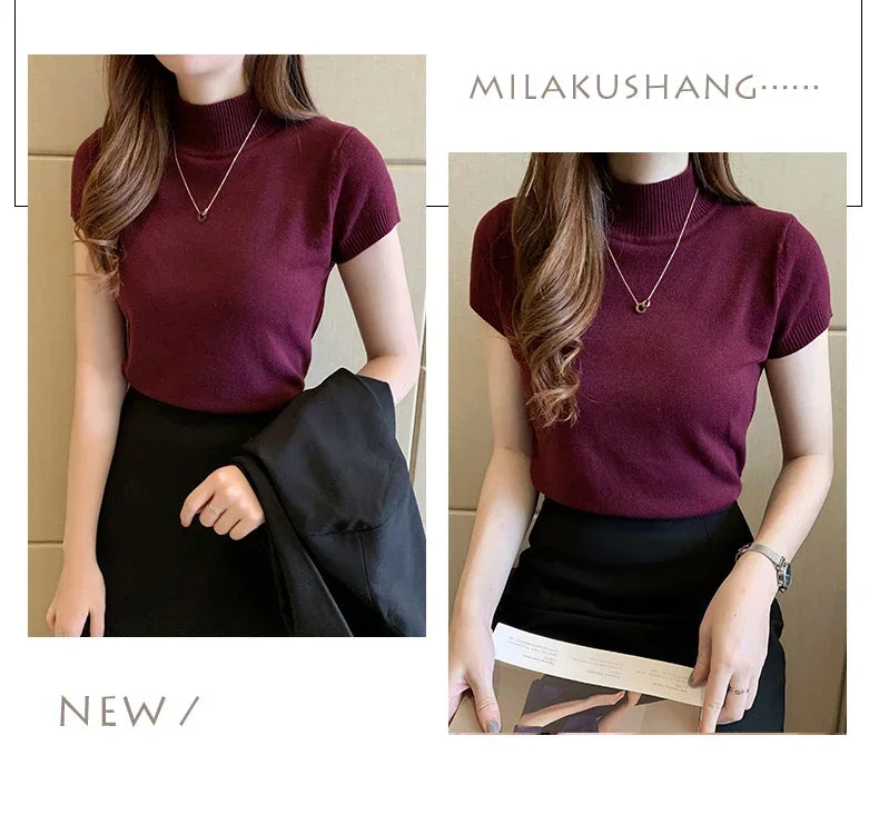 2024 Summer Turtleneck Knit Blouse - Short Sleeve