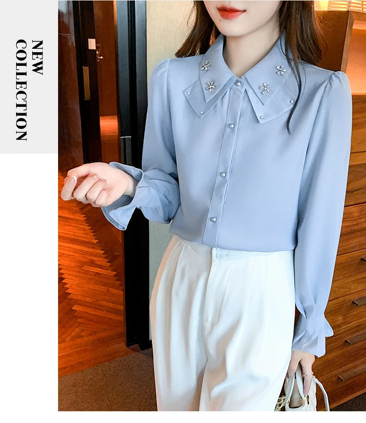 Elegant Chiffon Long Sleeve Blouse - White, Korean Office Style 2025