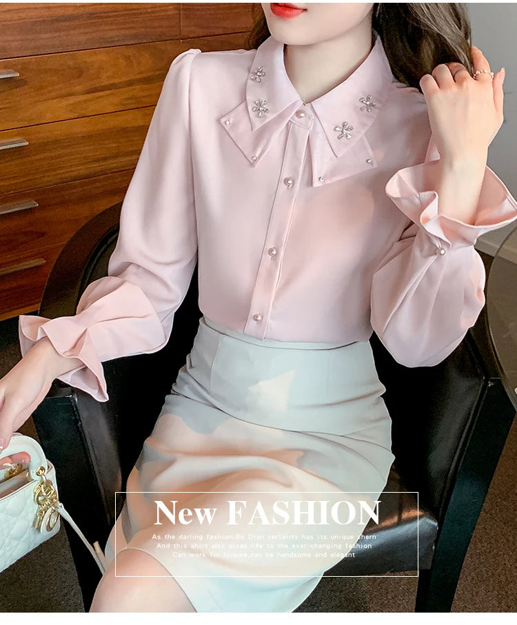 Elegant Chiffon Long Sleeve Blouse - White, Korean Office Style 2025