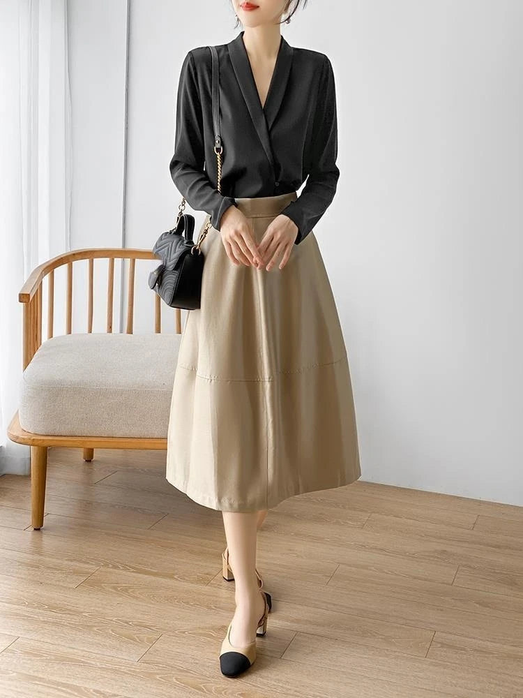 Silk Satin V-Neck Tunic - Long Sleeve, Office Chic