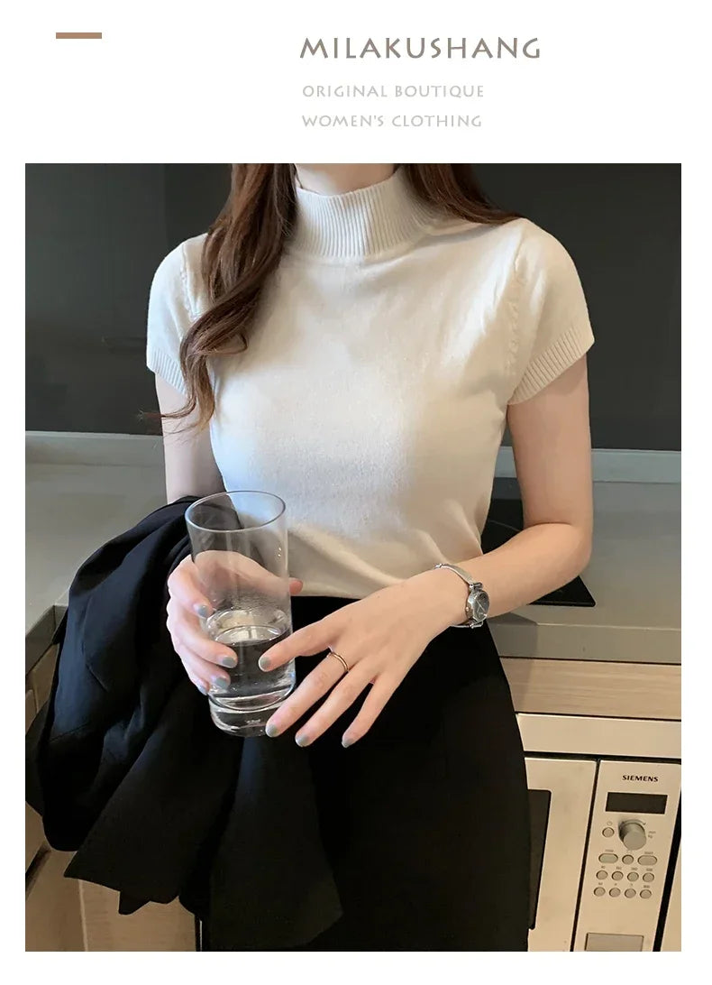 2024 Summer Turtleneck Knit Blouse - Short Sleeve