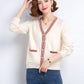 Striped Patchwork Knit Cardigan - V-Neck, Long Sleeve, Autumn 2024
