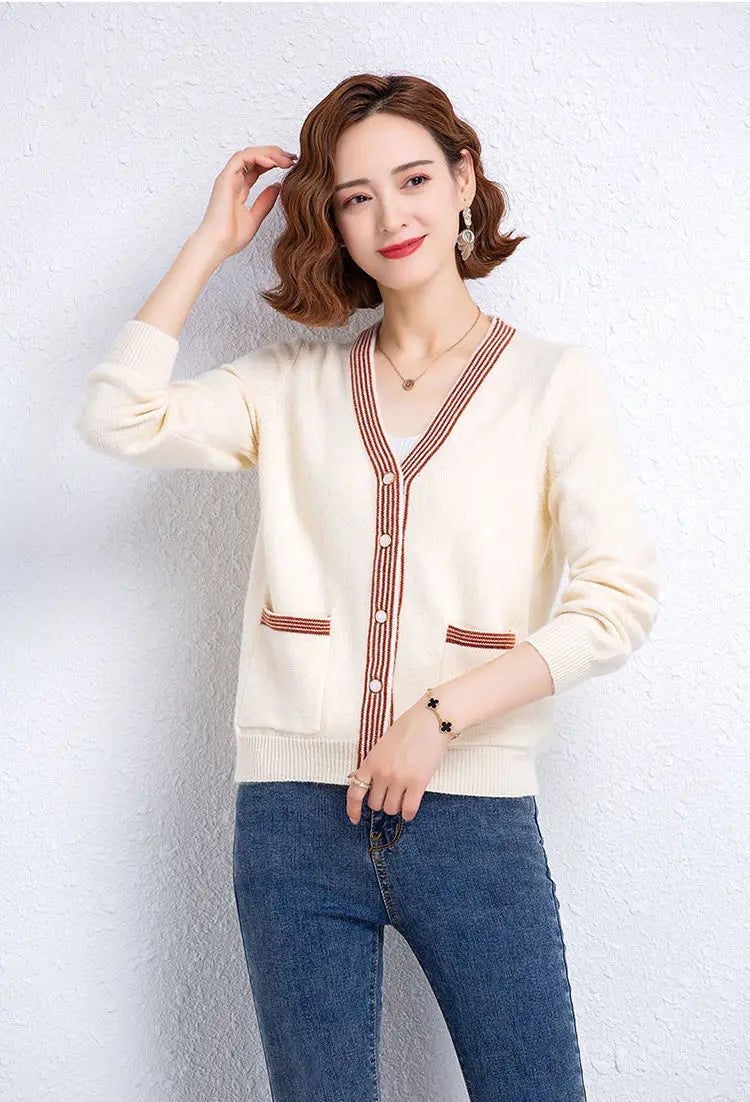 Striped Patchwork Knit Cardigan - V-Neck, Long Sleeve, Autumn 2024