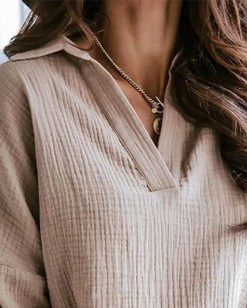 Lantern Sleeve Polo Pullover - Solid Color, Casual Autumn/Winter Top