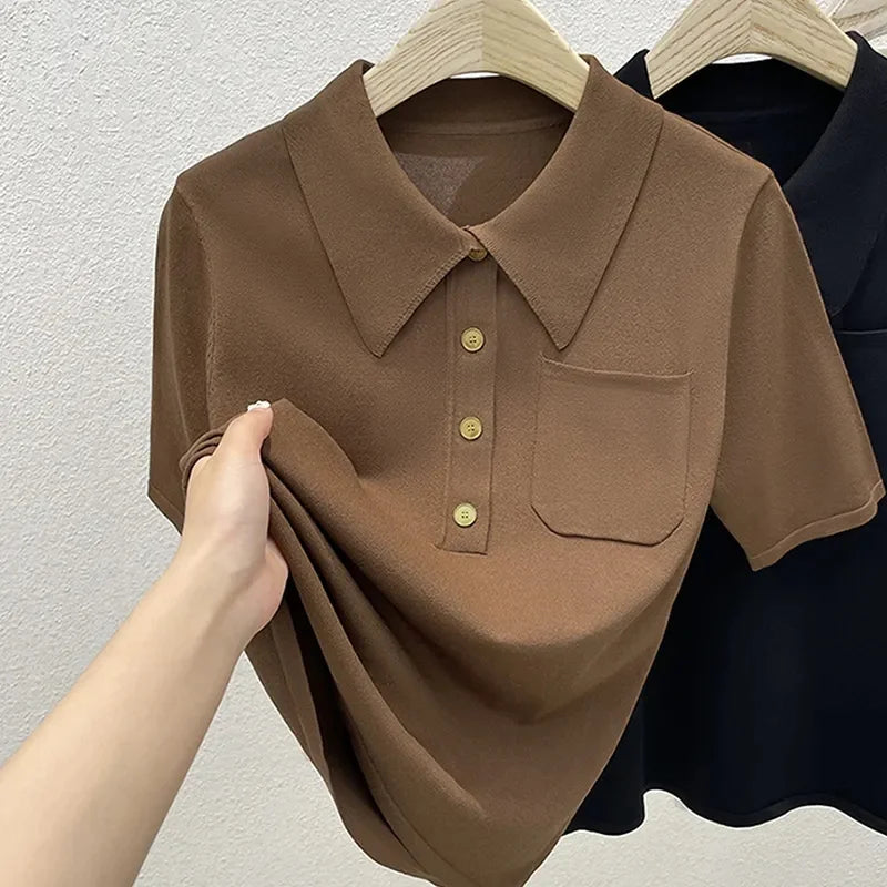 2024 Ice Silk Polo Top - Short Sleeve, Button Pocket Design