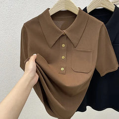 2024 Ice Silk Polo Top - Short Sleeve, Button Pocket Design