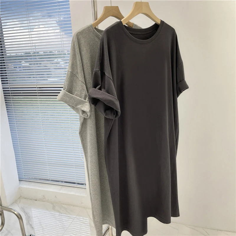 Printed O-Neck Tunic Dress - Summer Casual Loose Short Sleeve Pullover for Women