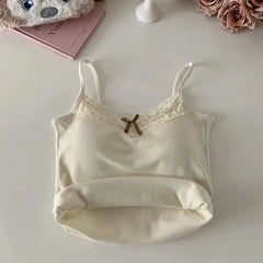 Lace Bow Corset Camisole - Sleeveless Slim Crop Top with Chest Pad for Summer Elegance