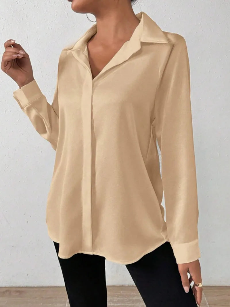 Elegant Long Sleeve Silk-Like Blouse - High-Quality Fashion