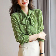 Polka Dot Shawl Collar Blouse - Bow Detail, Long Sleeve