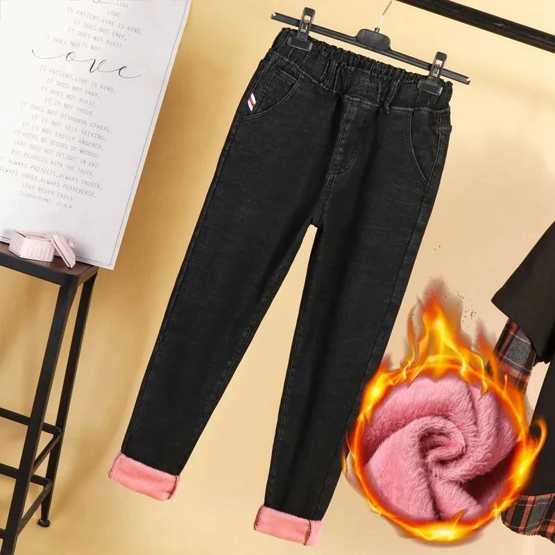 Oversized Winter Thicken Denim Pants – High Waist, Plus Velvet, Loose Fit
