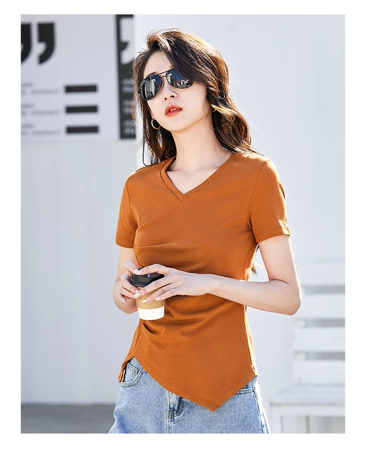 Chic V-Neck Pleated Cotton Tee - Irregular Hem