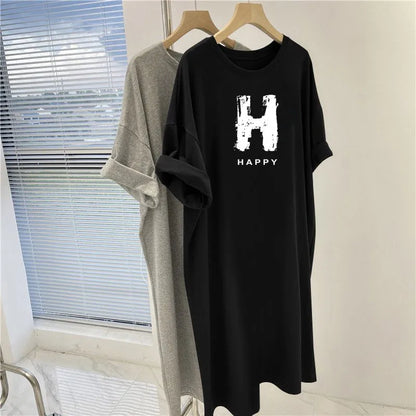 Letter Printed O-Neck Dress - Summer Casual Loose Short Sleeve Pullover Tunic for Women