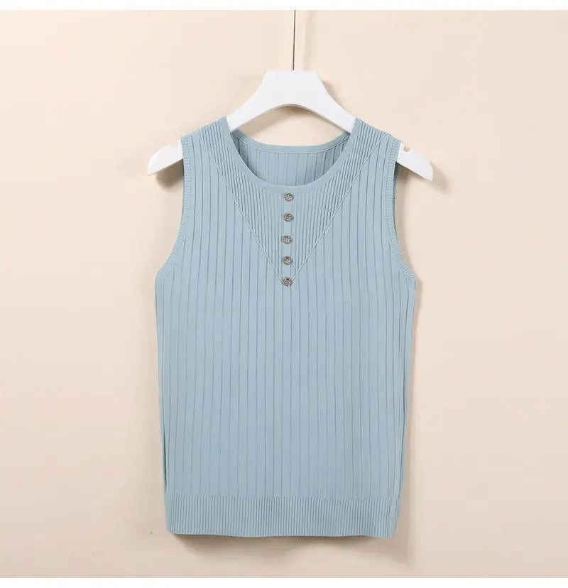 Elegant Knit V-Neck Tank Top - Sleeveless & Striped
