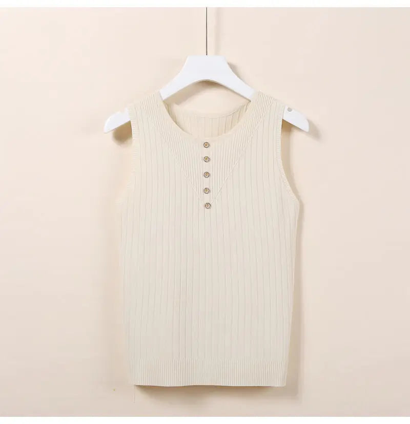 Elegant Knit V-Neck Tank Top - Sleeveless & Striped
