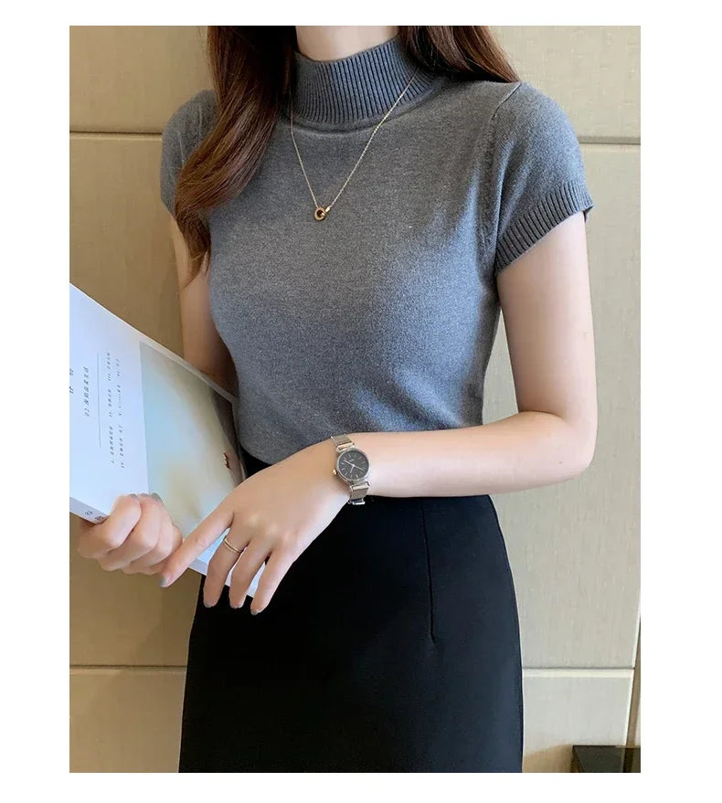 2024 Summer Turtleneck Knit Blouse - Short Sleeve