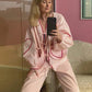 Plaid Heart Patchwork Blouse - V-Neck Lace-Up Long Sleeve