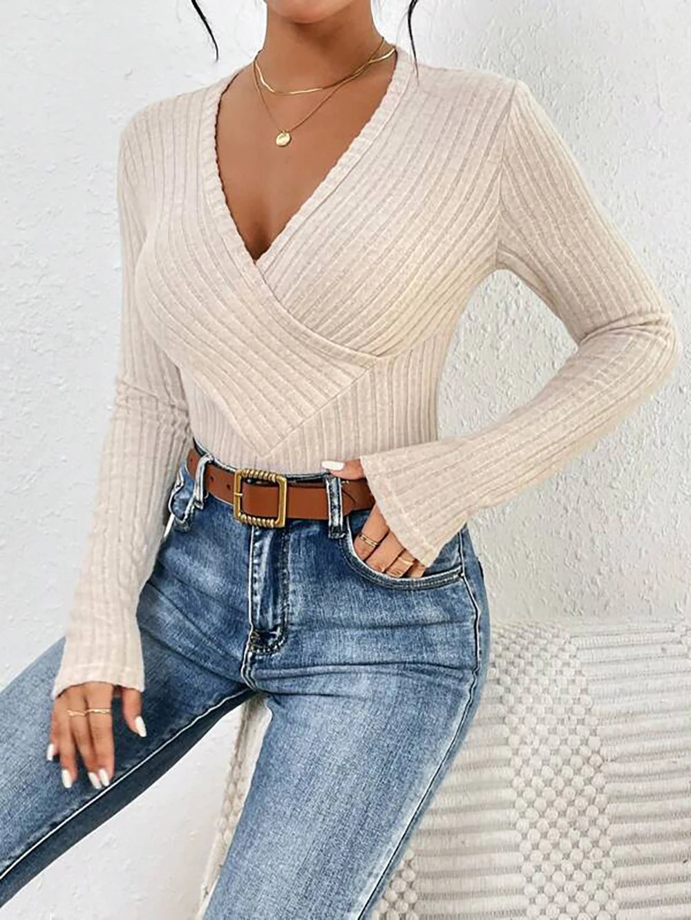 Ribbed V-Neck Bodysuit - Long Sleeve Skinny Fit Autumn/Winter 2023