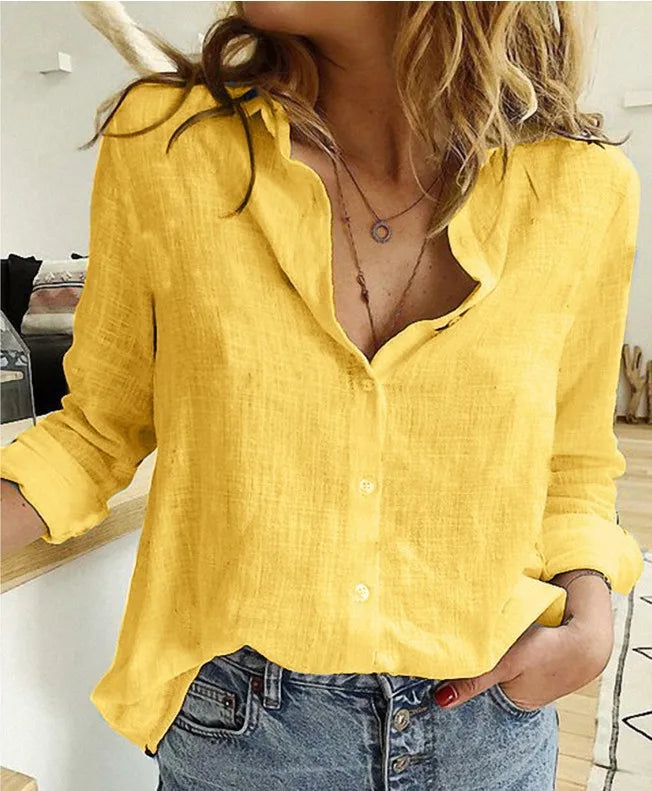 Cotton Linen Button-Down Shirt - Long Sleeve Casual Loose Tunic Blouse for Women, Spring & Summer