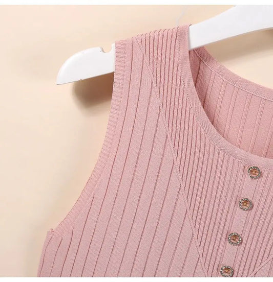 Striped Knit V-Neck Tank Top - Sleeveless & Elegant