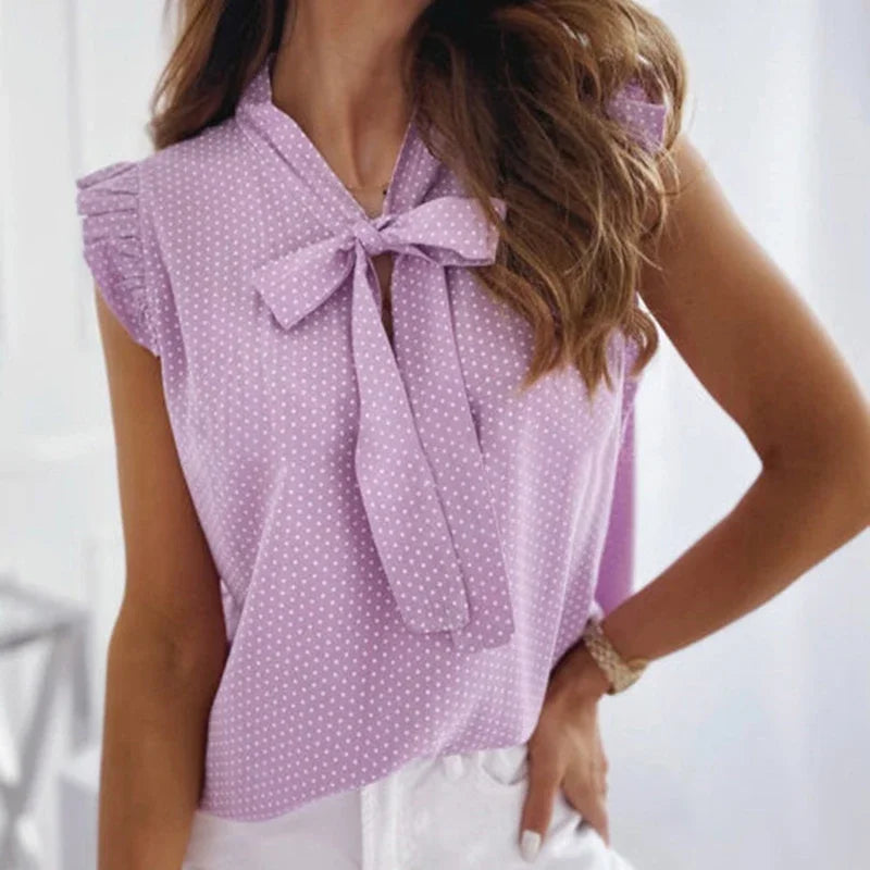 Sleeveless Ruffle Polka Dot Blouse - Lace-Up Bow