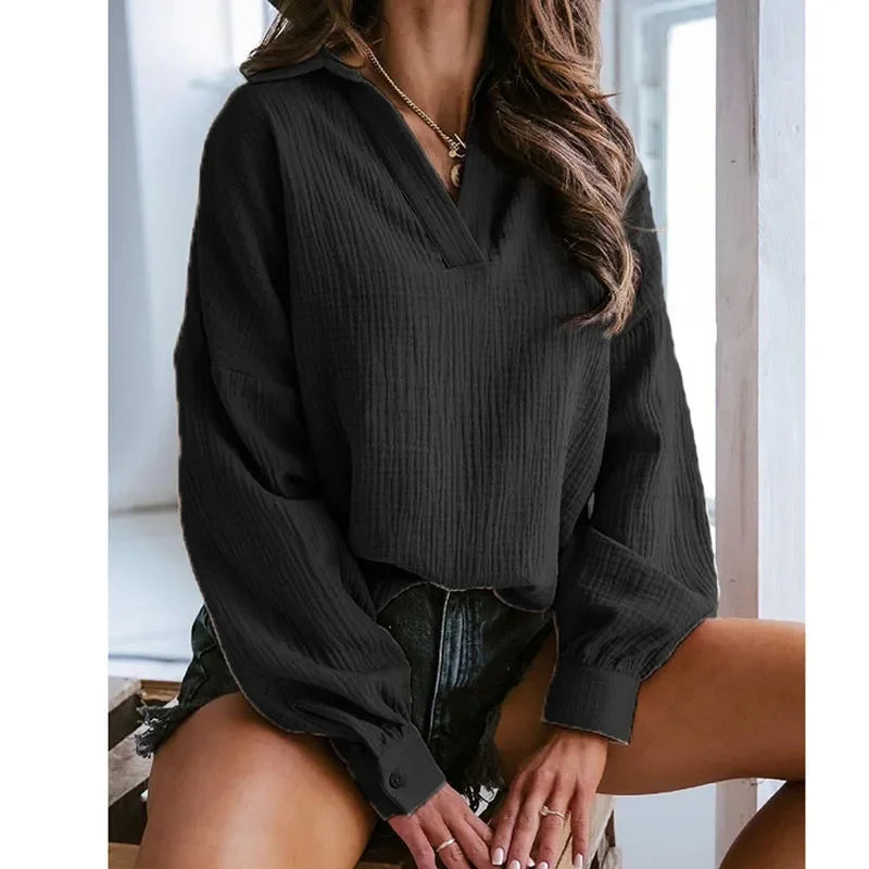 Lantern Sleeve Polo Pullover - Solid Color, Casual Autumn/Winter Top