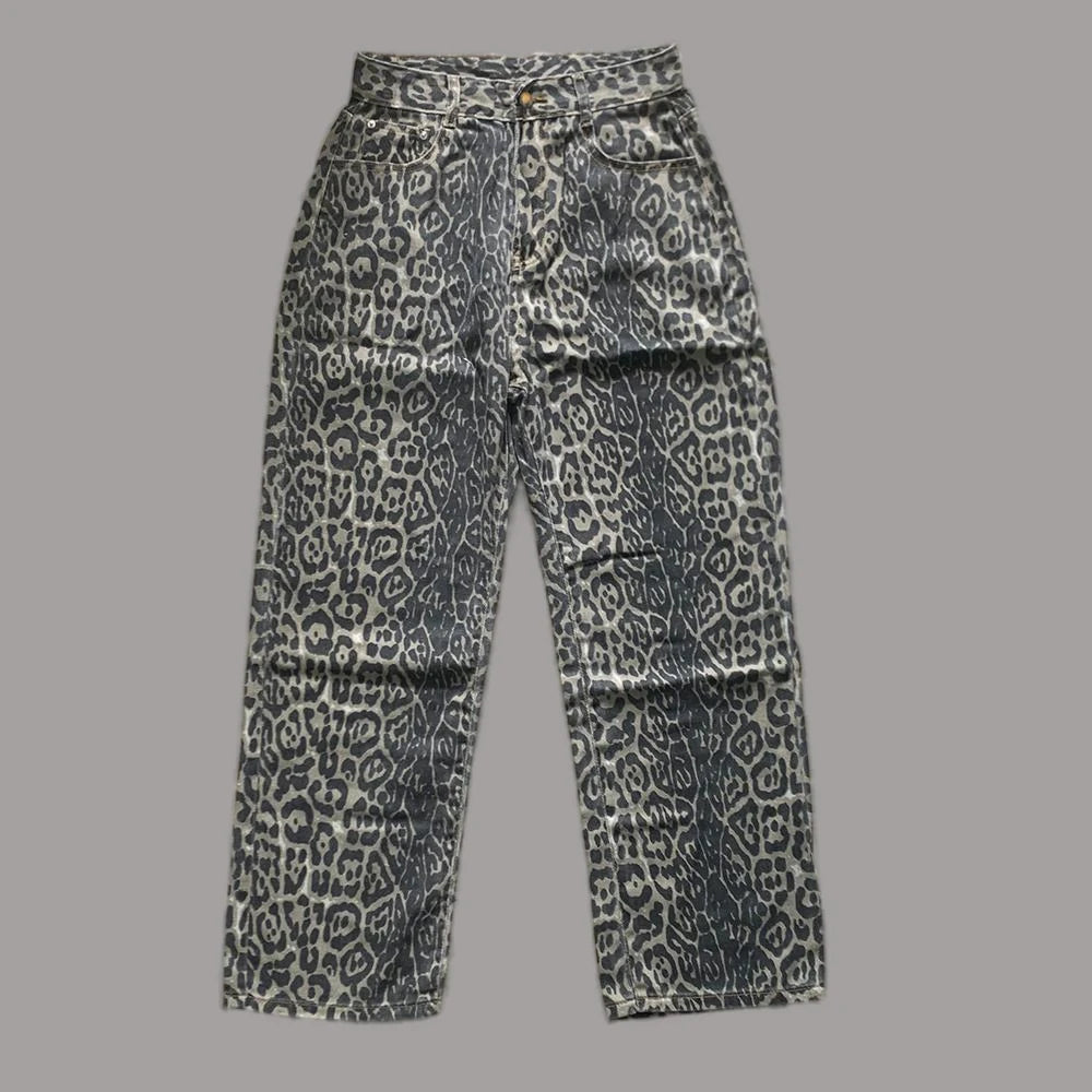 Leopard High-Waist Wide-Leg Jeans - Y2K Harajuku Streetwear Denim Pants for Women