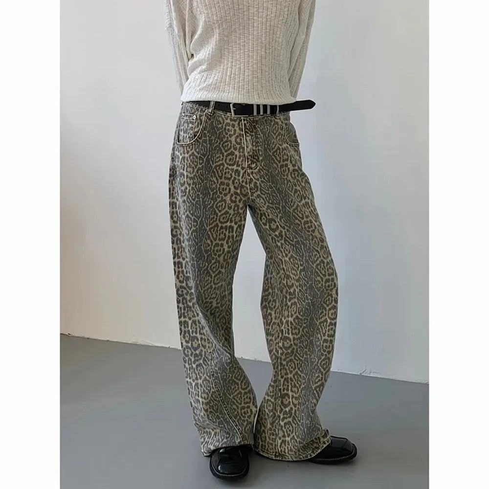 Leopard High-Waist Wide-Leg Jeans - Y2K Harajuku Streetwear Denim Pants for Women