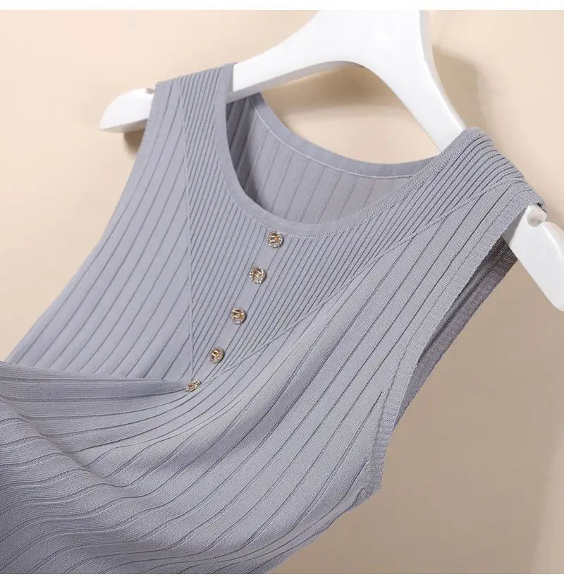 Elegant Knit V-Neck Tank Top - Sleeveless & Striped