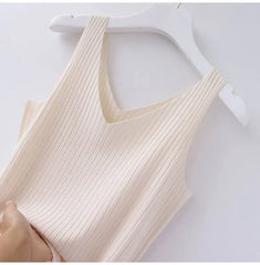 Knitted Sleeveless V-Neck Tank Top - Slim Fit, Khaki